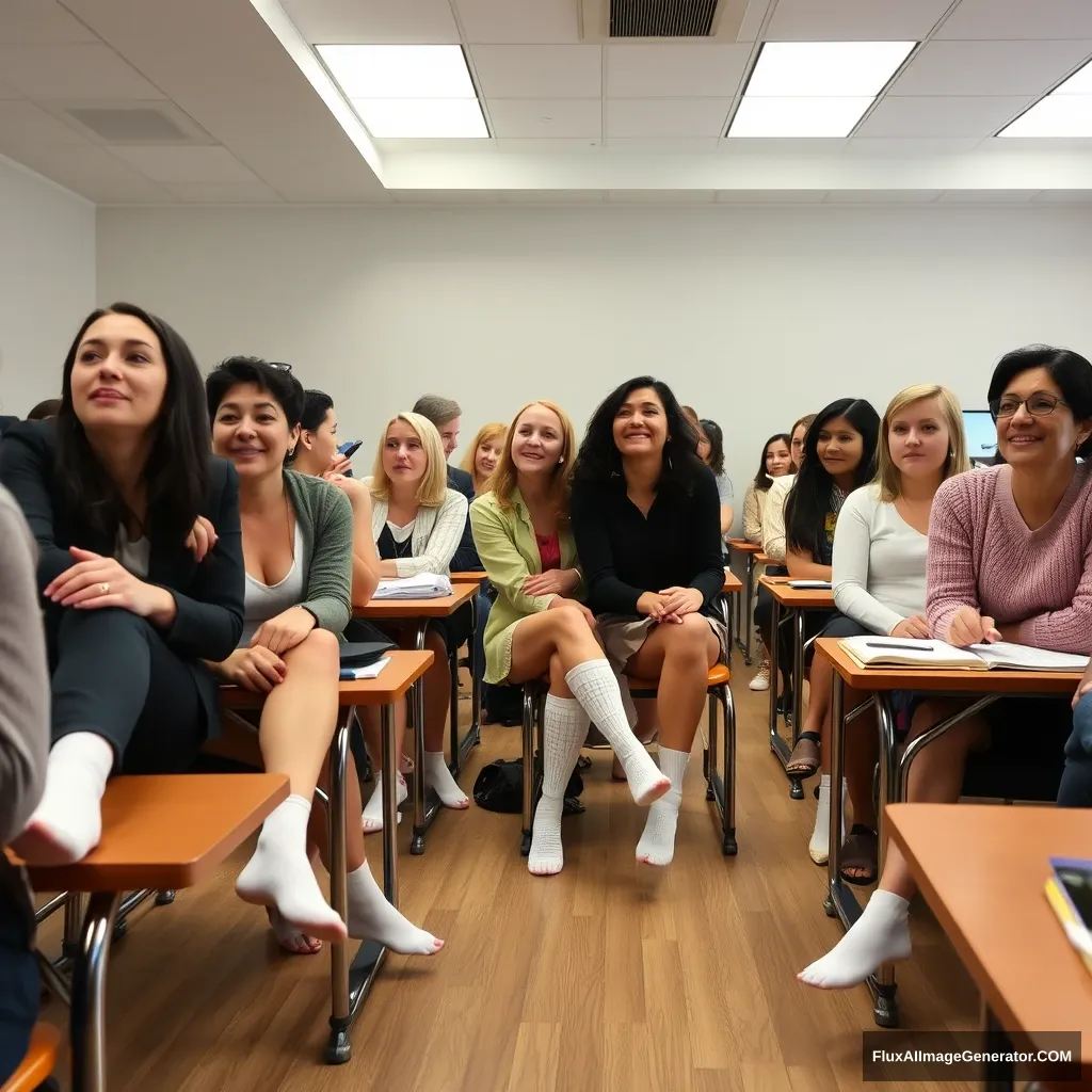 Zoomed out, multiple women in class, wearing socks, no shoes.