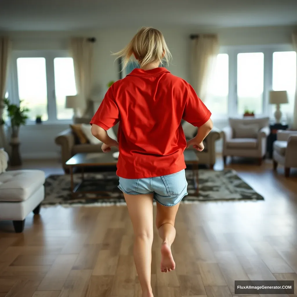 Front view of a blonde, thin woman in her large living room wearing an oversized red polo shirt that is very off-balance on one shoulder, along with big light blue denim shorts that reach her knees. She is not wearing shoes or socks. She faces the camera while getting off her chair and runs towards it with both arms straight down at her sides.