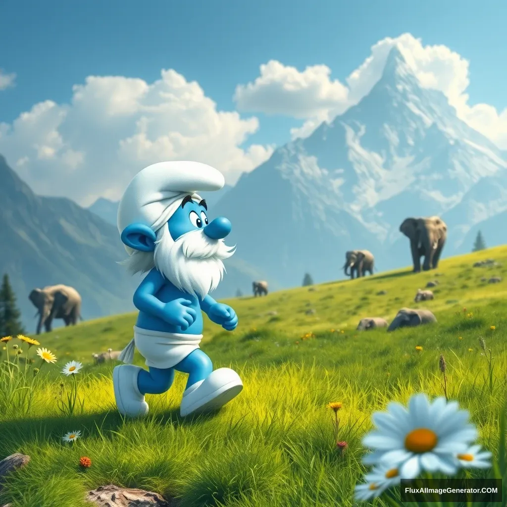 "Create an image of a Smurf walking through a mountain meadow and looking at elephants." - Image