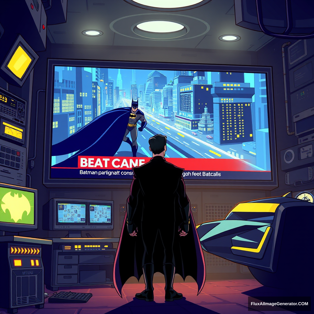 Bruce Wayne, dressed in his signature dark suit, stands in front of a massive computer screen inside the dimly lit Batcave. The screen displays a news broadcast showing Batman, mid-chase, pursuing criminals through the city. The Batcave is filled with high-tech gadgets, glowing monitors, and the iconic Batmobile in the background. The scene is depicted in a cartoon animated style, with exaggerated features, vibrant colors, and dynamic lighting that highlights the intensity of the moment.