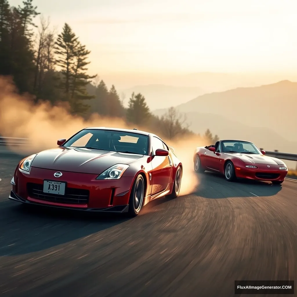 Create an image of a Nissan 350z and a first generation Mazda Miata drifting on a Japanese mountain. - Image