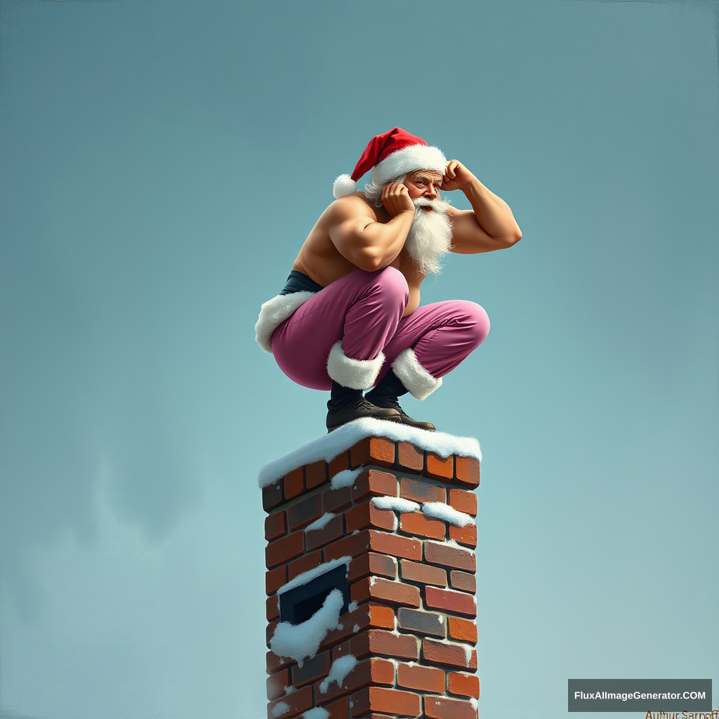 Santa is wearing pink yoga pants and squatting on top of a chimney, grunting as he holds on to the top edge, a painting by Authur Sarnoff, 4k.