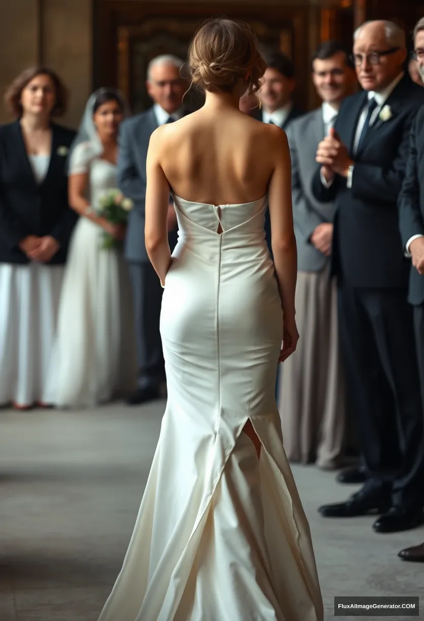 A short young woman, sensitive and delicate, in a backless, strapless, side-less, low-waisted contouring wedding dress with a loose front and an open rear that seems like it was intentionally left undone. Submitting before the council of fathers. Expectations. Perfect posture. Pale skin.