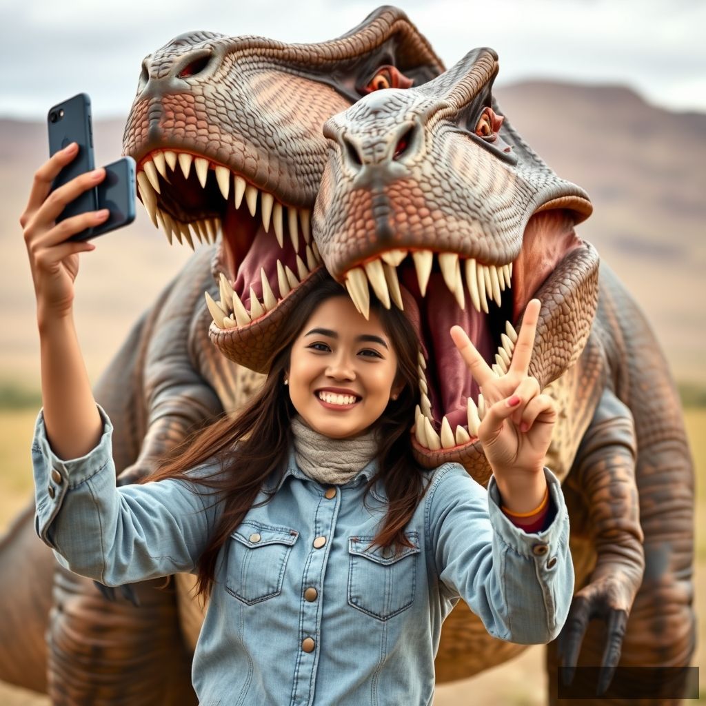 20-year-old Mongolian woman with large adult roaring Dinosaur T-rex raises her phone for unusual selfies, Dinosaur T-rex hugs woman, woman shows V hand sign, realistic photo, Gobi Steppe Mongolia. - Image