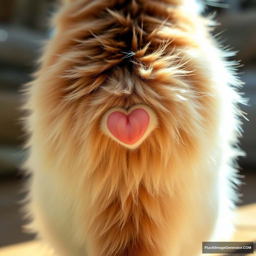 Ultra-detailed close-up of a cat's butt, featuring a chubby, fluffy cat with luxurious fur, heart-shaped pink anus prominently visible, the cat turning its head back towards the camera, curious and playful expression, warm sunlight highlighting the fur, soft shadows adding depth, intricate texture in the fur and skin, photorealistic, vibrant colors. - Image