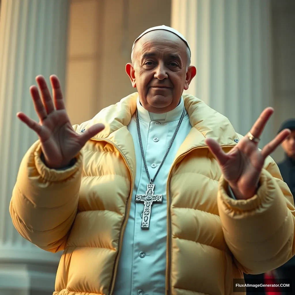 Catholic Pope Francis wearing a Balenciaga puffy jacket in a drill rap music video, throwing up gang signs with his hands, taken using a Canon EOS R camera with a 50mm f/1.8 lens, f/2.2 aperture, shutter speed 1/200s, ISO 100 and natural light, Full Body, Hyper Realistic Photography, Cinematic, Cinema, Hyperdetail, UHD, Color Correction, HDR, color grading, hyper realistic. Keep the fingers of the hand count at 5. - Image