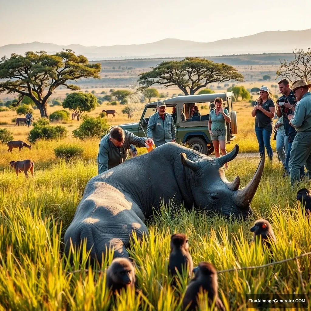 **Image Description:**

A dynamic scene set in the Phinda Private Game Reserve during an early morning safari. The central focus is on a group of conservationists and tourists surrounding a sedated young male black rhino. The rhino is lying on the ground in tall grass, with conservationists carefully attending to it. One person is gently placing earplugs and an eye bandage on the rhino, while another sprays its back with cool water from a jerrycan. Nearby, a chainsaw is cutting through the rhino's horn, with horn shavings visible in the air.

In the background, a safari vehicle is parked with a guide standing by, observing the procedure. Surrounding the main action are lush landscapes featuring giant Lebombo wattle trees and open grasslands with scattered shrubs. The distant horizon reveals the misty outlines of mountains. Various wildlife, including nyala antelopes and baboons, can be seen in the periphery, adding to the natural ambiance.

Tourists, equipped with cameras, watch intently and some are encouraged to step closer, expressing a mix of emotions from awe to concern. The overall scene captures the urgency, care, and hope involved in the conservation effort, emphasizing the blend of human intervention and natural beauty.

---

**Prompt for Image Generation:**

Create an image of an early morning scene in Phinda Private Game Reserve, KwaZulu-Natal, featuring a group of conservationists and tourists attending to a sedated young male black rhino. The rhino lies in tall grass, with conservationists gently placing earplugs and an eye bandage on it, and another spraying its back with cool water. A chainsaw is cutting the rhino's horn, with shavings visible. In the background, a safari vehicle is parked with a guide observing. The landscape includes giant Lebombo wattle trees and open grasslands with shrubs, and distant misty mountains. Wildlife like nyala antelopes and baboons are visible in the periphery. Tourists with cameras watch, some stepping closer, showing a range of emotions. The scene conveys urgency, care, and hope in the conservation effort amidst natural beauty.