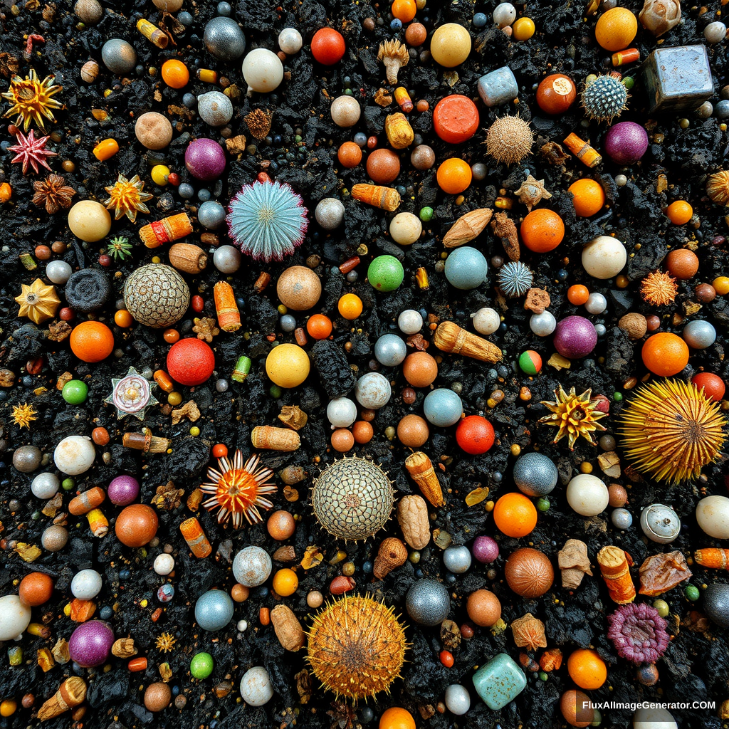 lots of types and colours microbe covering the ground  
black background