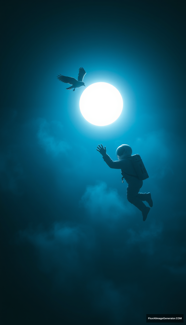 Create a surreal digital artwork featuring a lone astronaut and a bird. The scene is set in space with the astronaut appearing to be falling or floating downwards, reaching out towards the bird above. The bird is depicted with a sense of grace and freedom, flying upwards towards a bright, glowing circular light source at the top of the image, resembling a full moon or an illuminated surface. The overall color palette is dark and ethereal, dominated by deep blues and subtle gradients, creating a sense of depth and otherworldliness. The astronaut's suit should have realistic details, and the bird should contrast with a sense of lightness and movement. - Image