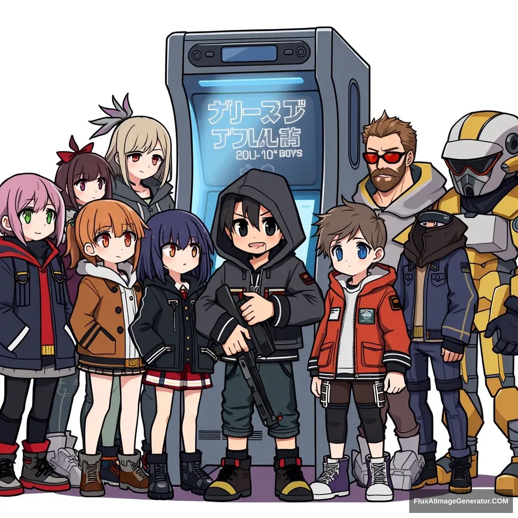 Several animated characters stand around a game machine, multiple girls, jacket, weapon, multiple boys, hood, facial hair, sunglasses, crossover, robot, beard, science fiction, 6+ boys.