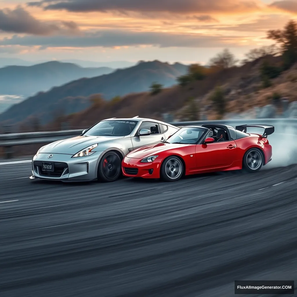 Create an image of a silver Nissan 350z and a red mazda miata first generation drifting on a Japanese mountain.