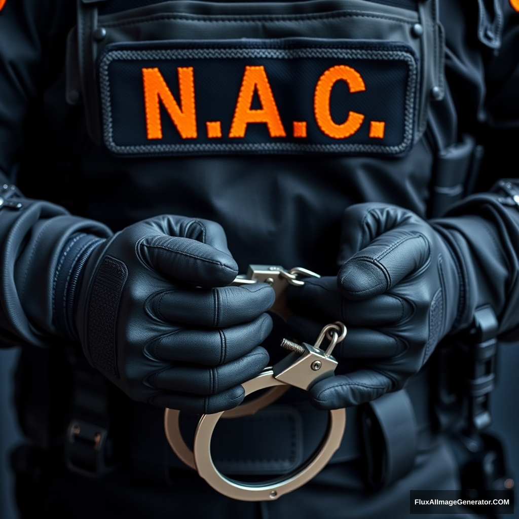 A soldier in black gear with the black and orange inscription N.A.C. is placed in steel handcuffs, a shot of his hands in gloves and handcuffs behind his back.