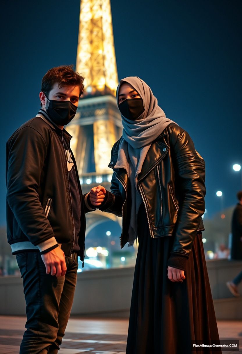 Jamie Dornan, youngest, black face mask, collage jacket, Nike t-shirt, jeans, tall man, fit body,

Dating, love with the biggest grey hijab Muslim girl, beautiful eyes, black face mask, leather jacket, biggest longest skirt, cute short girl,

standing near the Eiffel Tower, night scenery, hugging his hand, hyper-realistic, photorealistic, street photography.