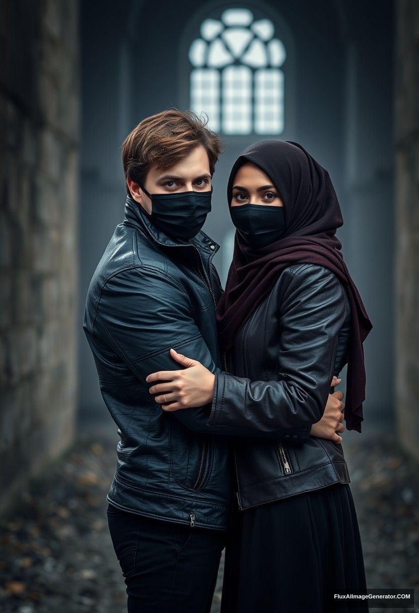 Jamie Dornan's head and body shot, handsome, youngest, black face mask, black leather jacket, dating, love hug with the biggest black hijab Muslim girl, not tall, beautiful eyes, face mask, maroon leather jacket, biggest black skirt, hyper-realistic, studio photography, full body photo, exploring an abandoned castle, at sea, gloomy scenery. - Image