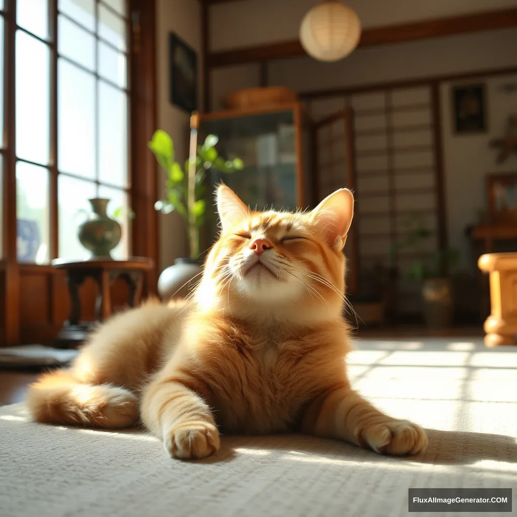 A scene of a Japanese house living room with an orange-furred cat sleeping with its eyes closed while basking in the sunlight.