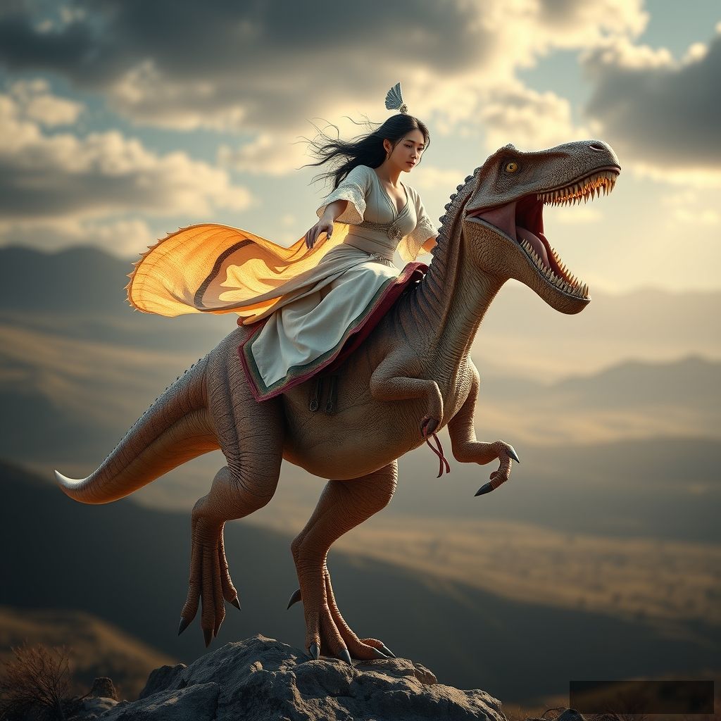 a stunning (full body) full wide view of a beautiful young Asian woman riding on a velociraptor, by Gian Lorenzo Bernini, 16k resolution photorealistic, masterpiece, breathtaking intricate details, realistic and lifelike cgi, dramatic natural lighting, reflective catchlights, high quality CGI VFX fine art, highly detailed, Mongolian steppe