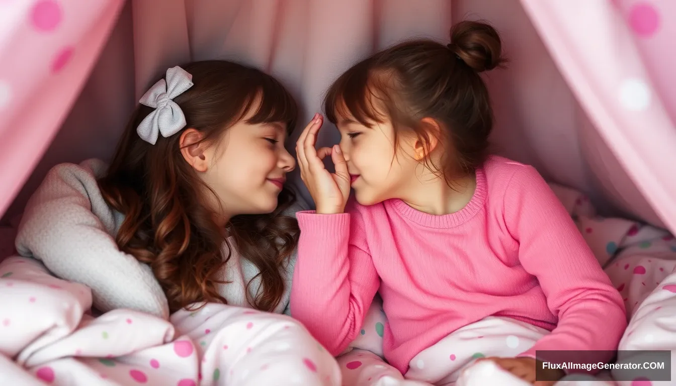 Two girls blush and tickle each other as they realize they have to get much closer together than they expected in their sleepover blanket fort.