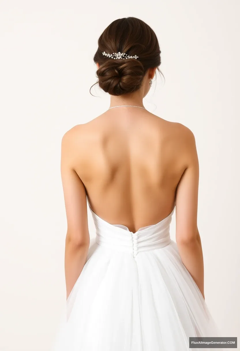 A young woman, sensitive, delicate, ashamed, wearing a backless, strapless, low-waisted, airy, tutu-inspired wedding dress.