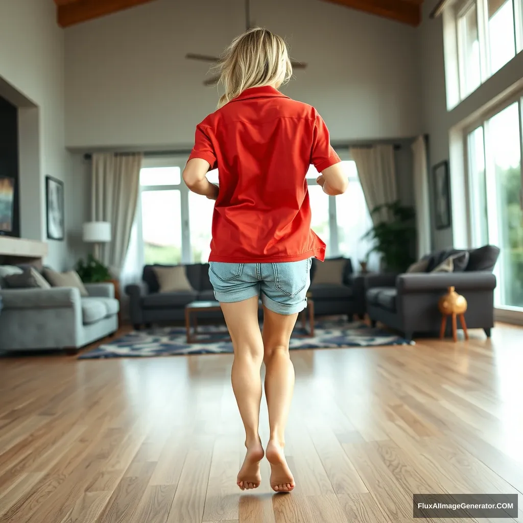 Back view of a blonde skinny woman who is in her massive living room wearing a massively oversized red polo shirt which is very off balance on one of the shoulders and wearing big light blue denim shorts that aren't rolled up and she is wearing no shoes or socks; she faces the camera while getting off her chair and runs towards the camera.