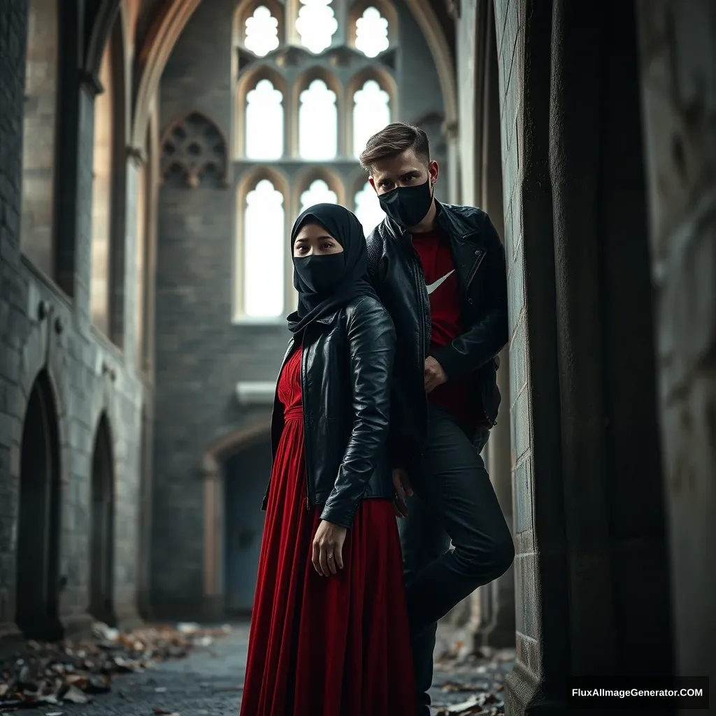 A biggest black hijab girl, beautiful eyes, face mask black, black leather jacket, biggest red longest dress, untall,

Jamie Dornan, handsome, face mask black, fit and tough body, Nike red t-shirt, black leather jacket, jeans, tall man,

standing lean at wall together, 
Hyper realistic, photorealistic, studio photography, Victoria's abandoned castle, gloomy, darkness.