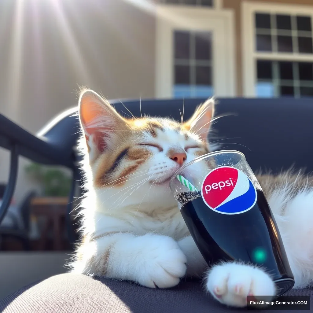 A little cat is drinking Pepsi with a straw, sleeping on a chair in front of the house, with sunlight shining down from the top left.