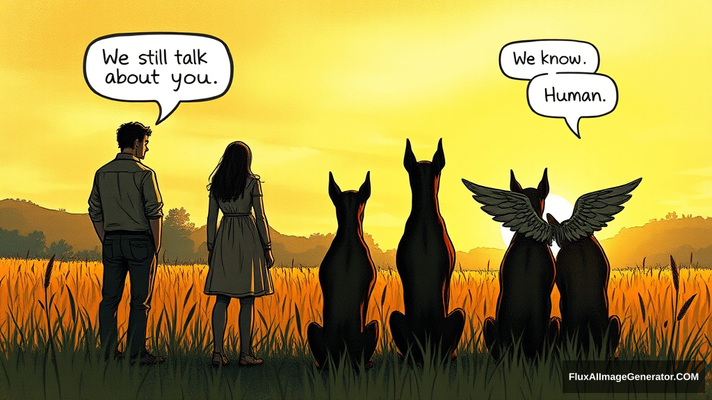 Messy, pencil sketch colour illustration: 4 silhouetted figures—2 male, 2 female—stand in a lush meadow at golden hour. 3 ethereal, winged dobermans sit beside them. Facing away from the viewer. Speech bubbles float above: "We still talk about you" (human), "We know" (dog). Nostalgic atmosphere, convey wistful longing. - Image