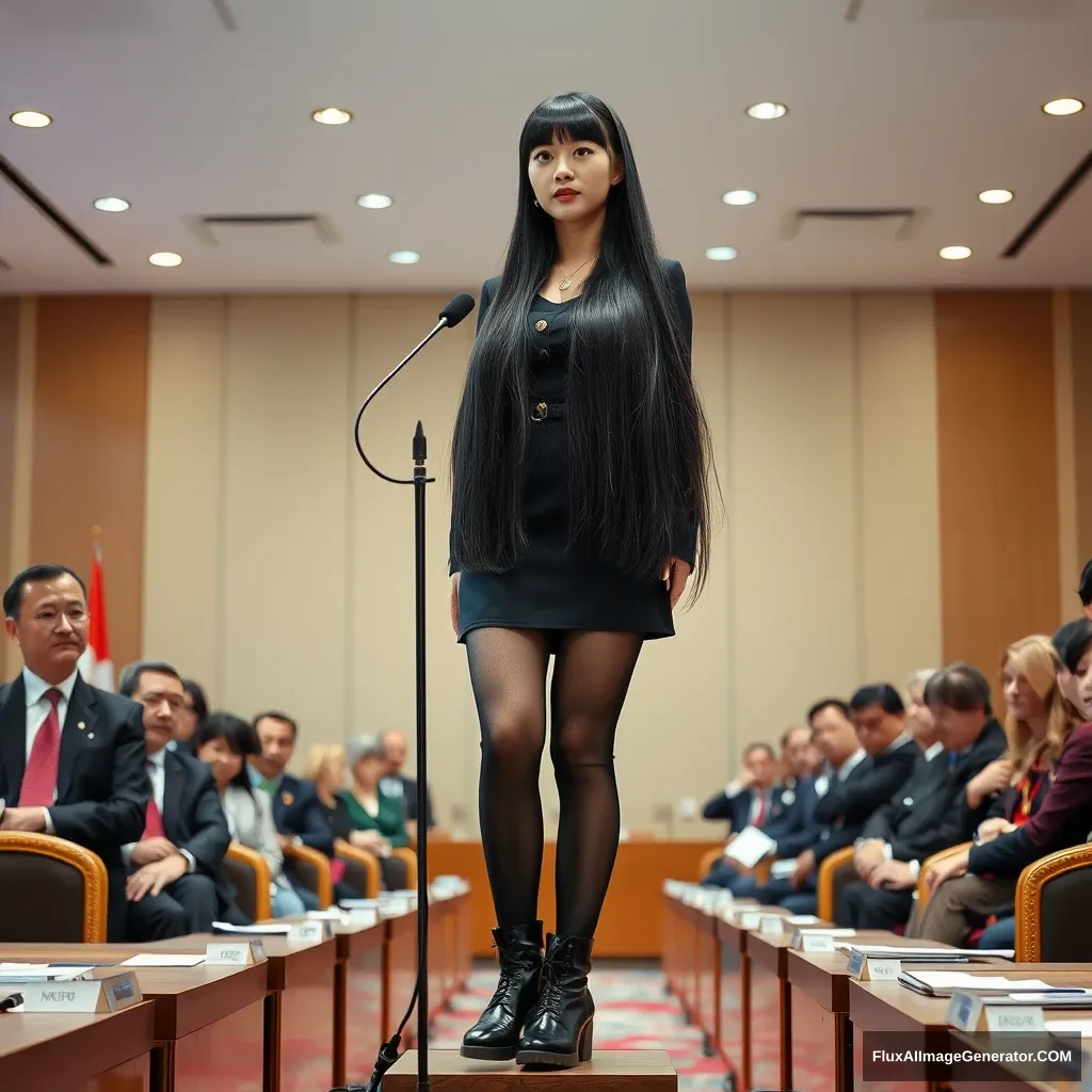 A full-body photo of a Chinese female idol with absurdly long black straight hair and blunt bangs, wearing black stockings and Martin boots on the lower body, and dressed in Lolita fashion on the upper body, giving a speech at a podium in a conference room, with politicians from various countries seated in the audience. - Image