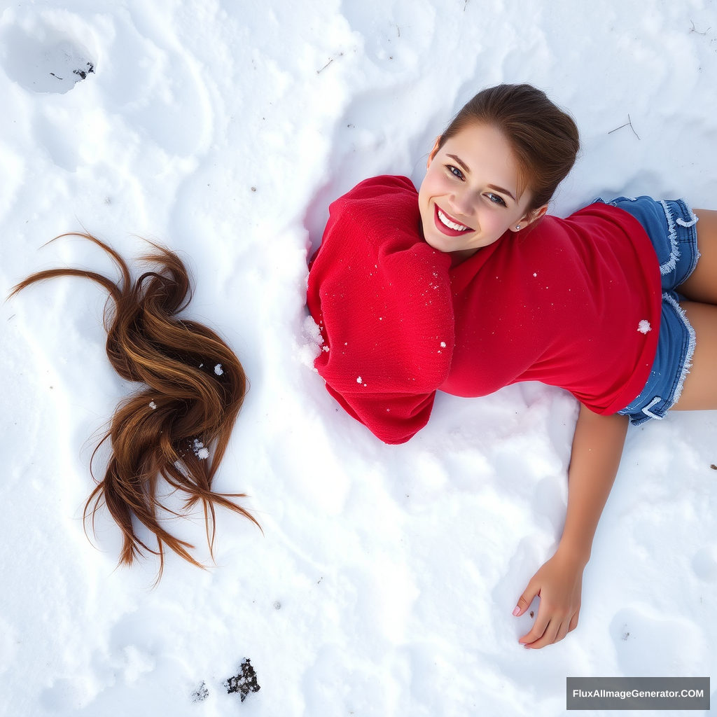 A very pretty skinny 28-year-old ally Hinson with brown hair tied back in a ponytail, wearing a red t-shirt and sandals with shorts, is laying in the snow covered in snow.