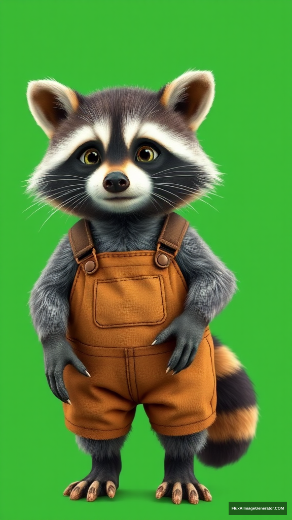 A cute raccoon, chubby, wearing a worker's overalls, full body shot, green screen background.