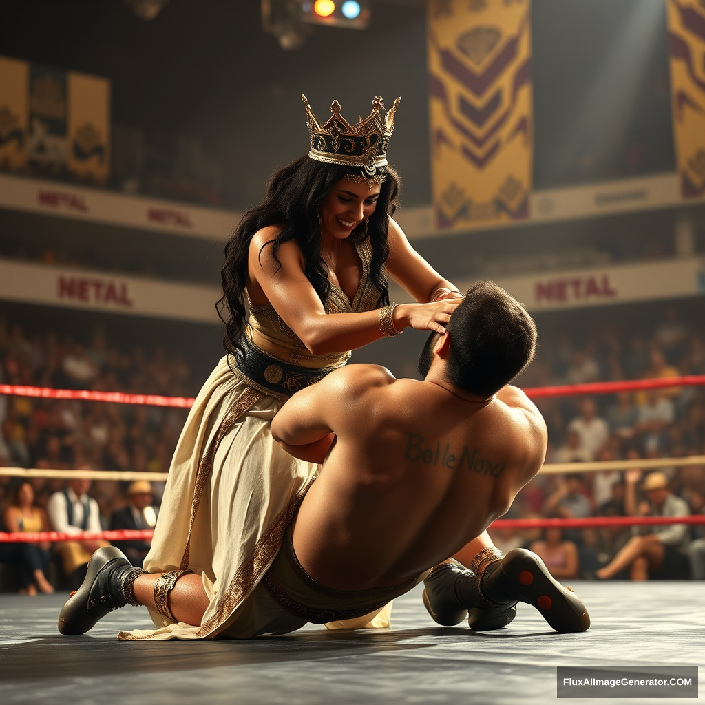 A very very very very very beautiful and gorgeous ancient Queen Queen of wrestling gives a submission move to a man in the middle of the arena. - Image