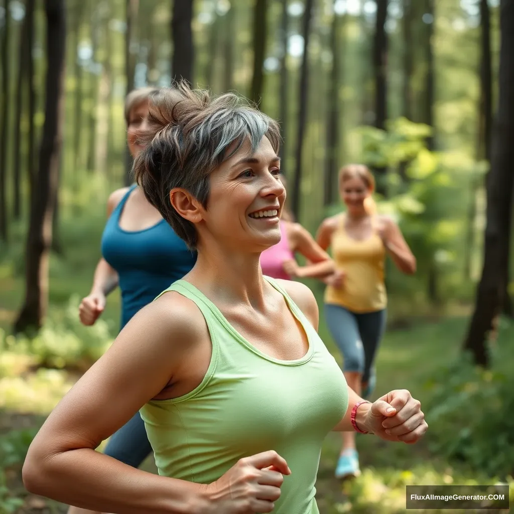 "Women with short hair who are healthy are exercising and running in the forest."