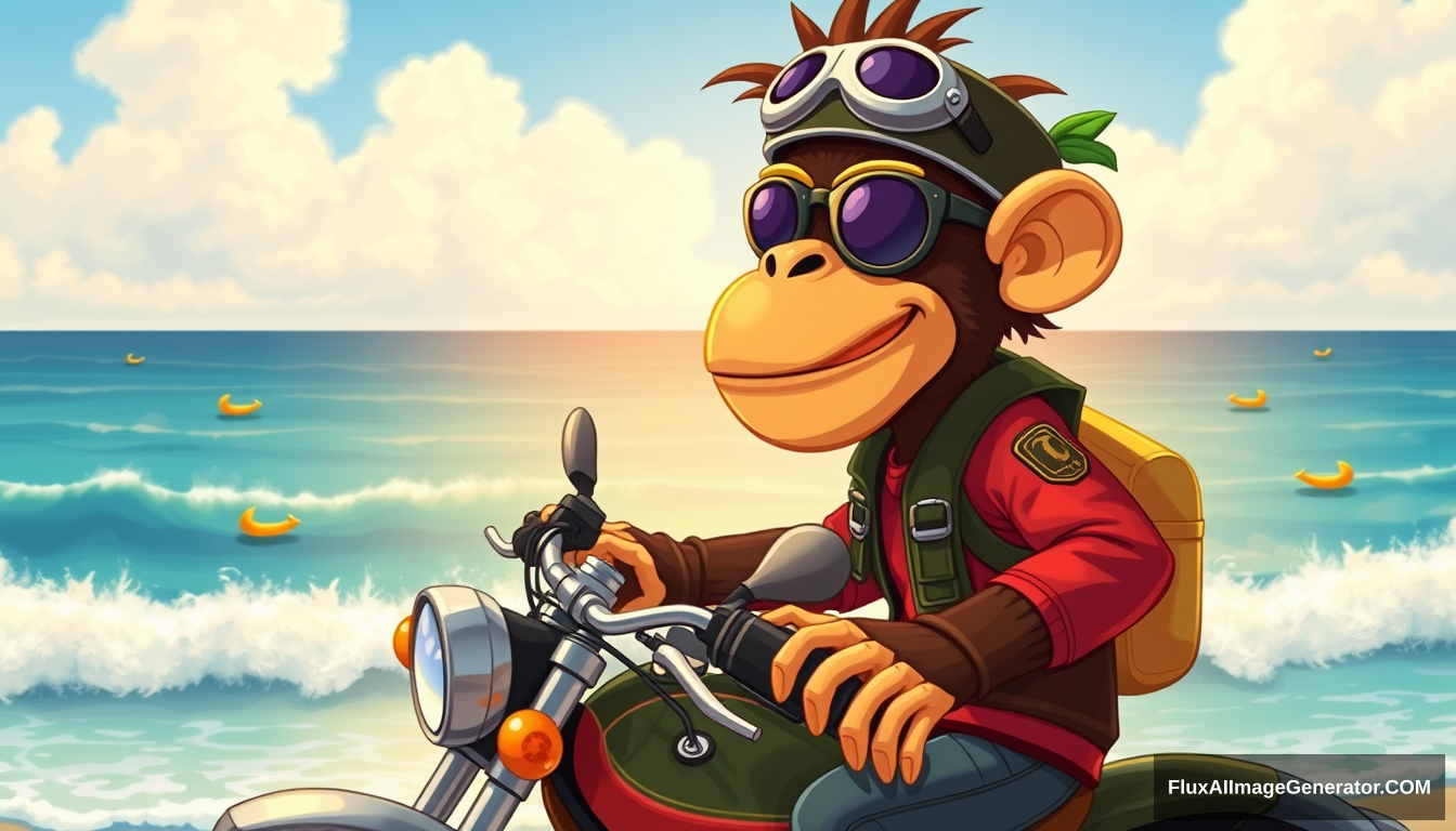 cartoon monkey dressed like a biker, riding by the ocean with fruit all around him. vibing.