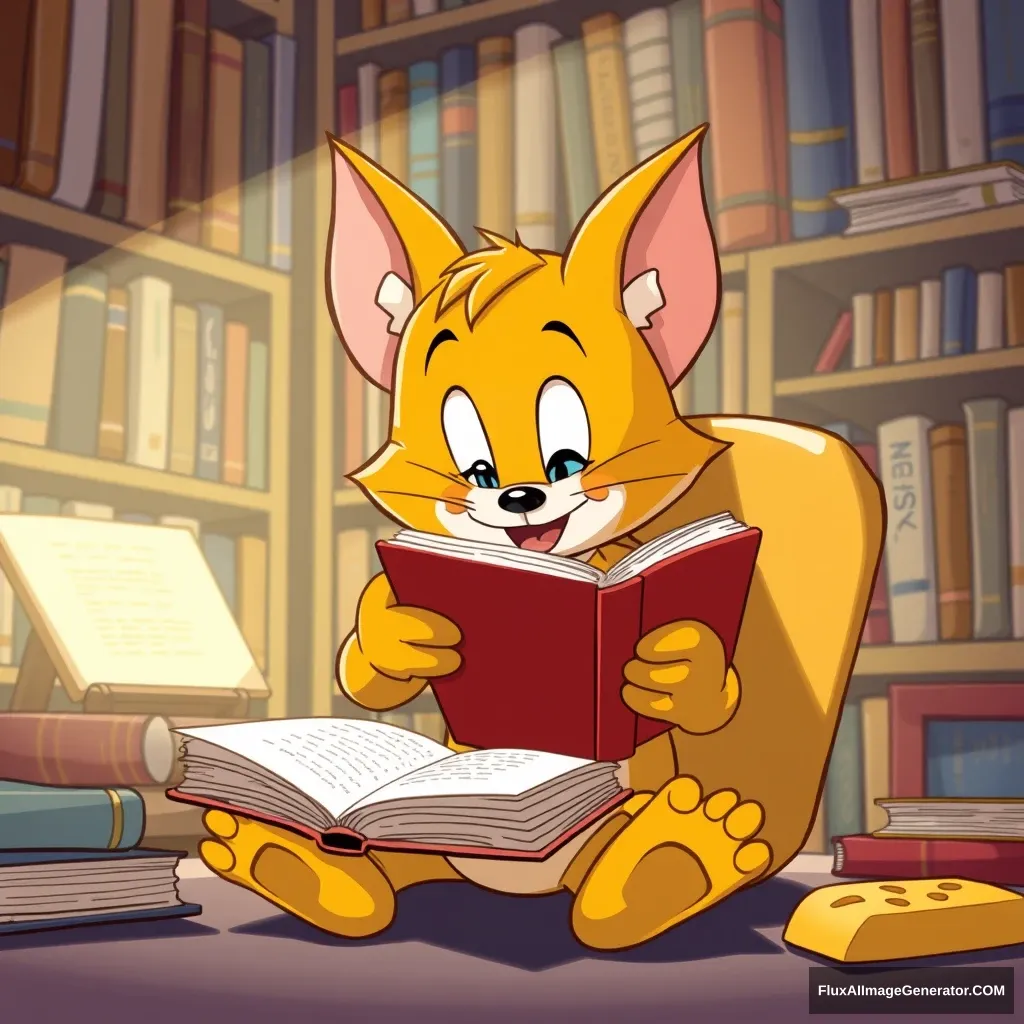 "Jerry is reading a book in his room. The background creates a space filled with bookshelves, and please describe Jerry's characteristics well. Jerry is depicted as cute and small. Please show some cheese as well."