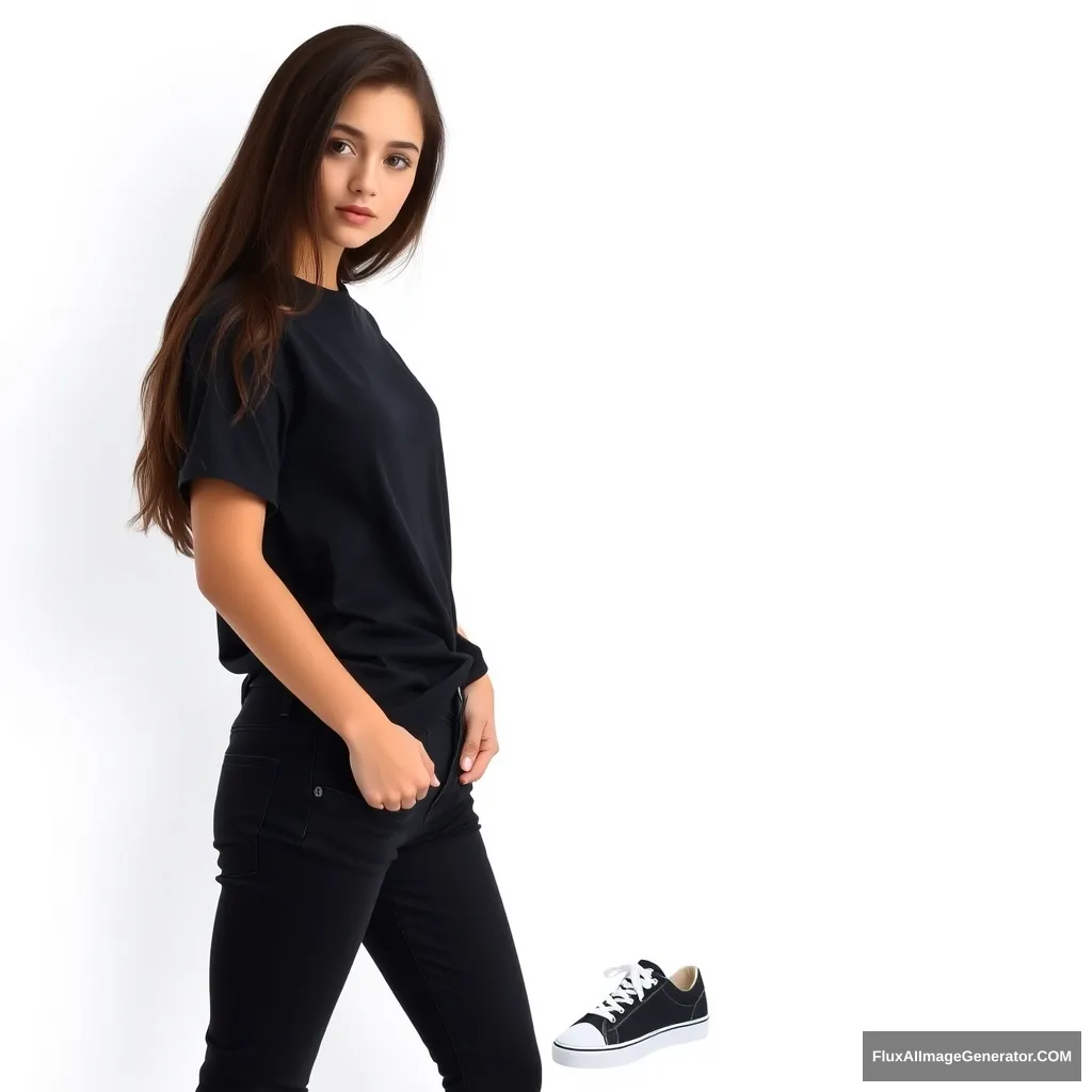 White-skinned, beautiful teenage woman with dark hair and dark eyes, wearing a simple black t-shirt, black jeans, and black styled sneakers, professional photo, full length. - Image