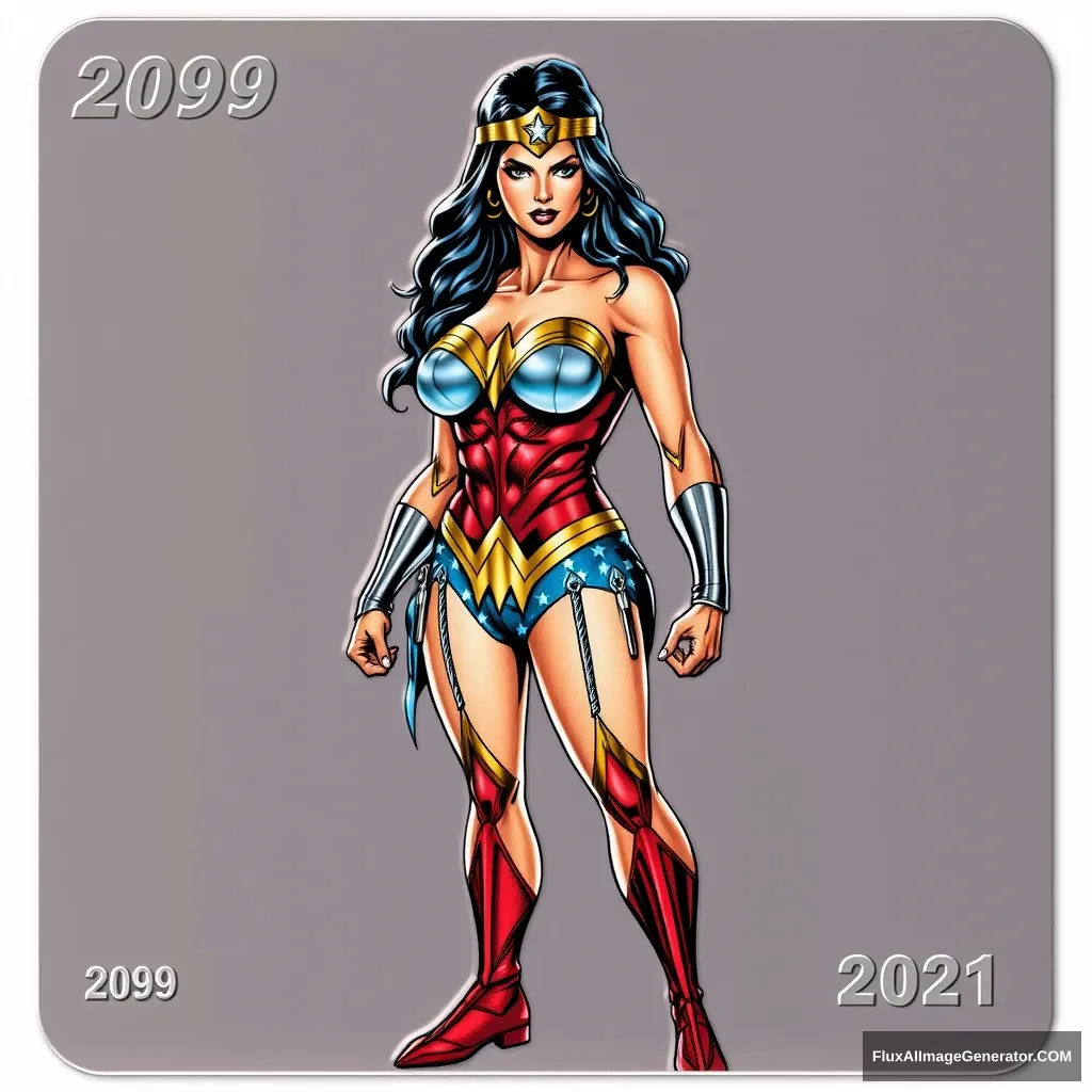 Big chested Wonder Woman character in the year 2099. Full body image from head to toe. In the style of Marvel Metal trading cards by Fleer. - Image