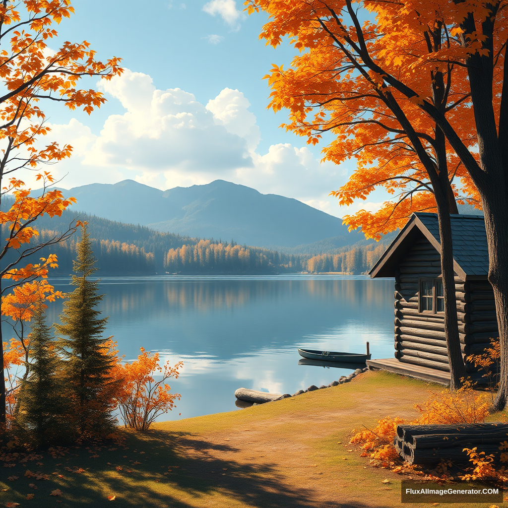 Create a Pixar-style 8k image with 1520x1440 aspect ratio of a cabin by a lake in the Fall. - Image