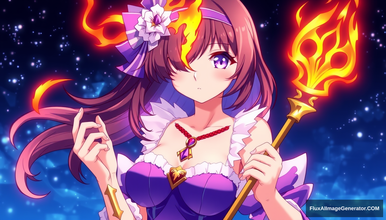 Anime girl with flames from one side of her face and a beautiful violet dress. Holding a gold scepter.