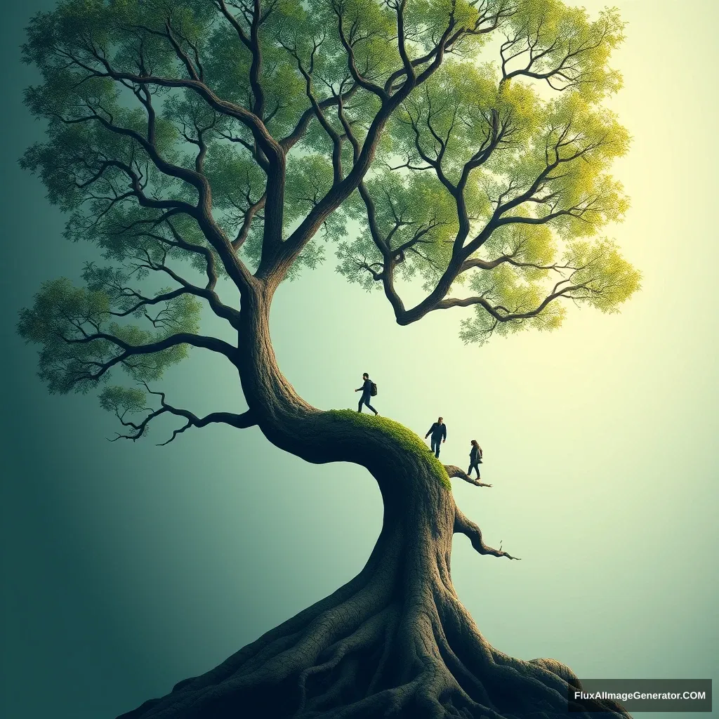 Create an image: A large tree grows from the bottom up. There are many branches on the trunk, and at the end of each branch, there is a person walking. - Image