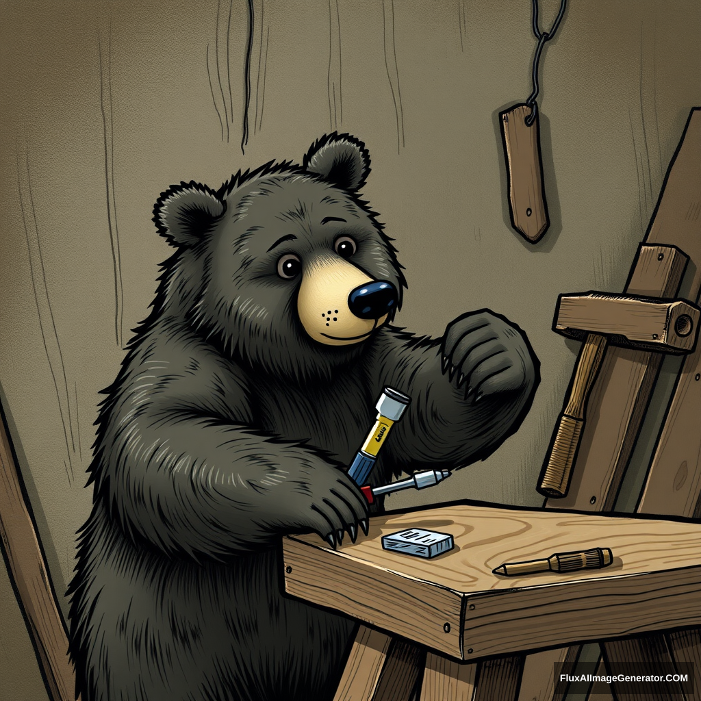 Bear is fixing a bench, holding a hammer and a screwdriver. - Image