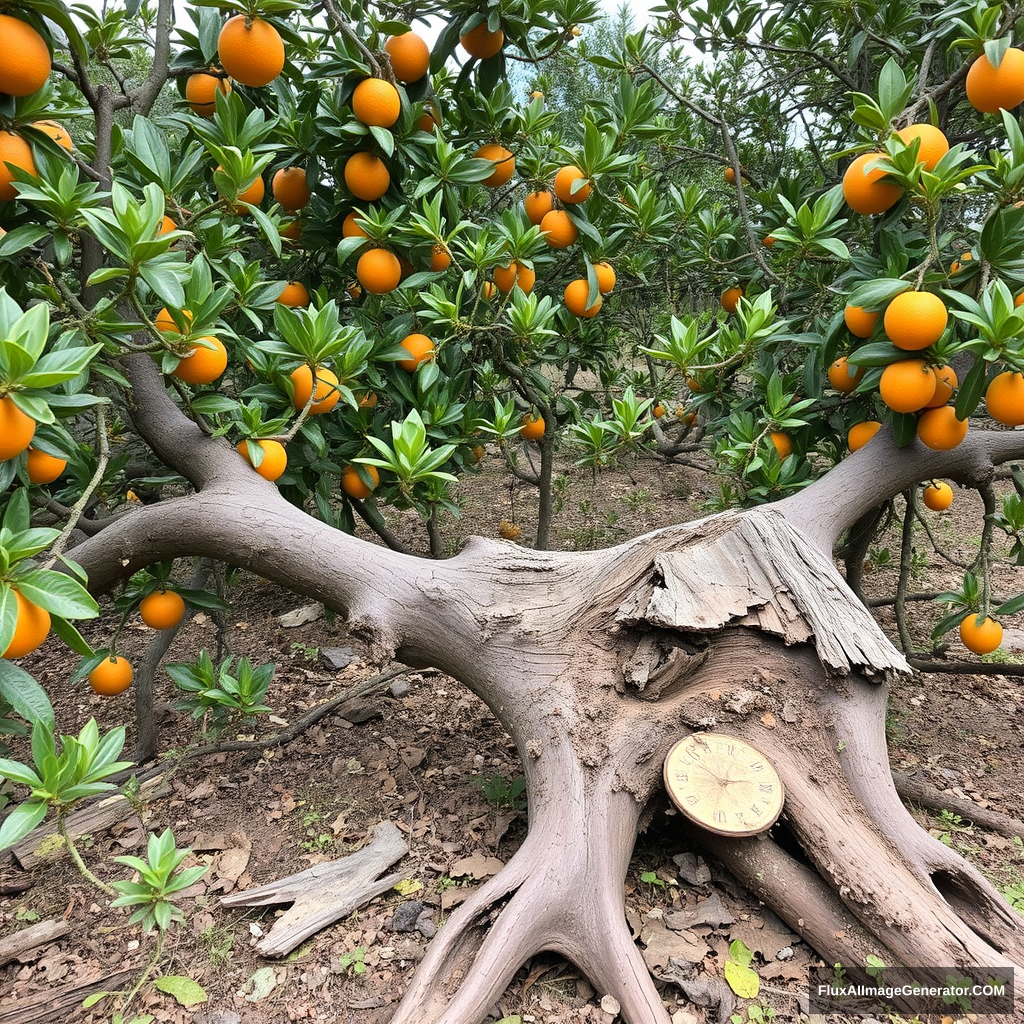 Numerous small shoots sprouted from the orange trees surrounding the court scale, which was leaning, decaying, crumbling, and partially buried in the ground. - Image