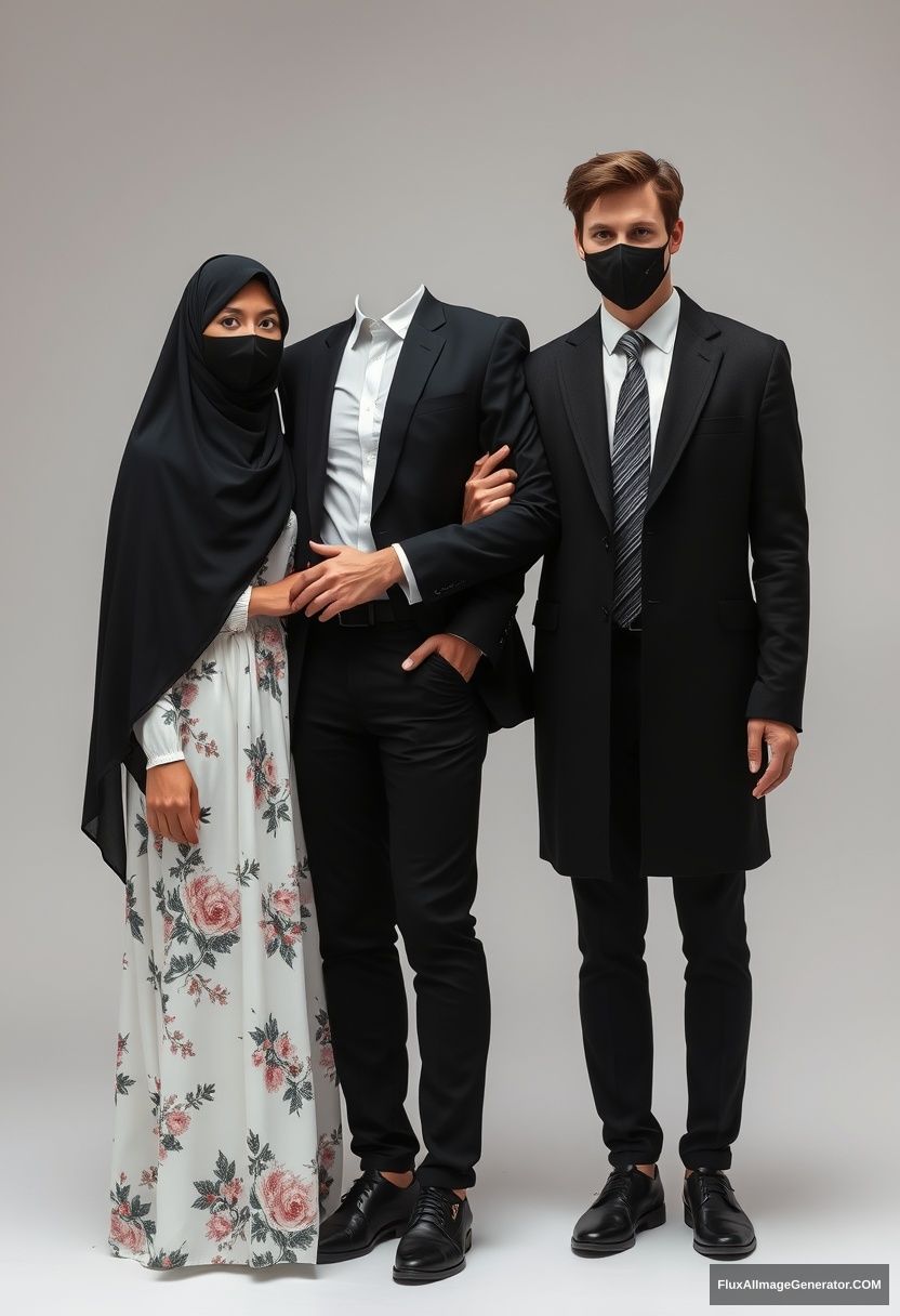 A biggest black hijab girl, beautiful eyes, face mask black, biggest white floral longest dress, not tall, standing, holding his arm

Jamie Dornan, youngest, black suit coat, white shirt, grey patterned tie, black leather sneakers, tall man, face mask black, fit tough body, standing near her, love couple

hyper-realistic, studio photography, photorealistic - Image