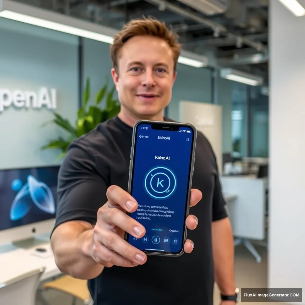 Elon Musk holds a phone and the phone screen shows the KainoAI app, with the OpenAI office in the background.