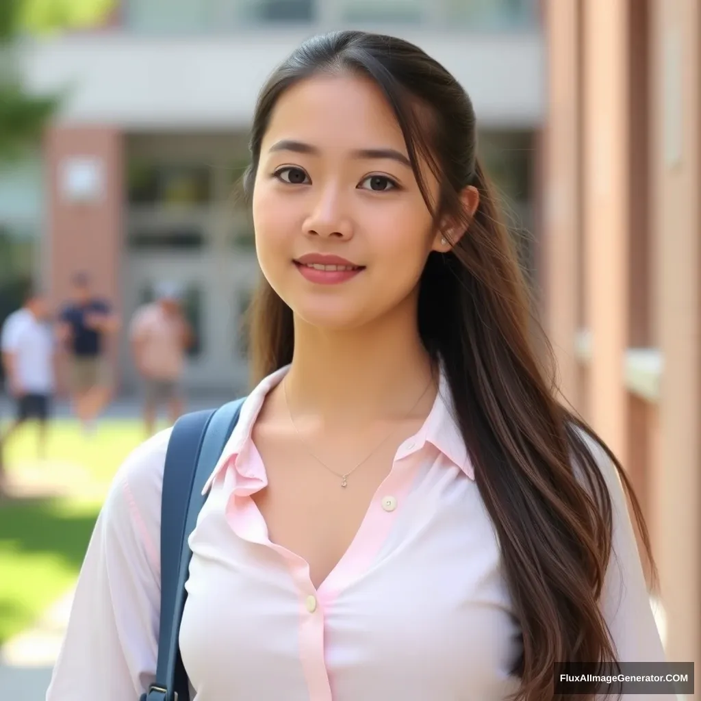 Young woman, professional photo, at college, pastel clothing, face and torso, summertime. - Image