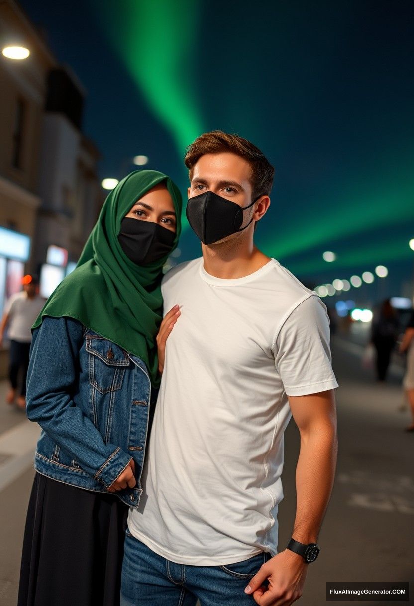 Jamie Dornan, handsome, black face mask, white T-shirt, jeans, sneakers, dating romantically with a Muslim girl in a green hijab, beautiful eyes, black face mask, denim jacket, longest skirt, not a tall girl, holding hands, photorealistic, street photography, full photography, selfie photos, night scenery, aurora.