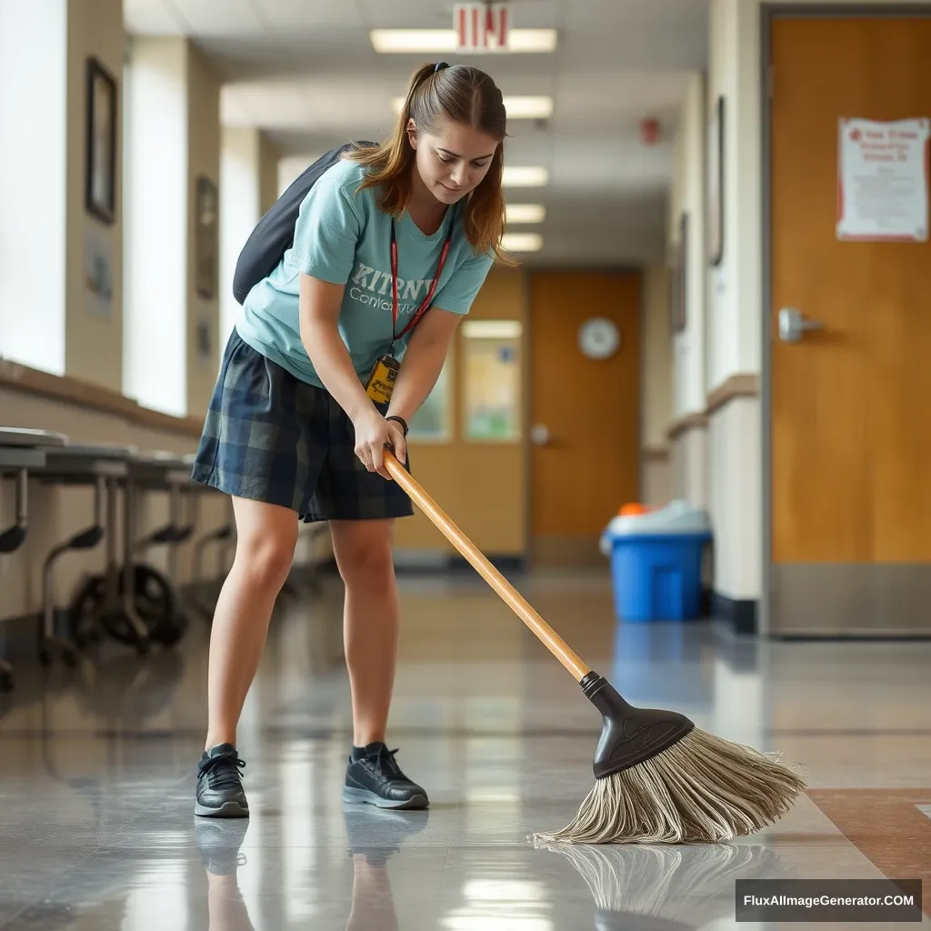 A female student is sweeping the floor. - Image