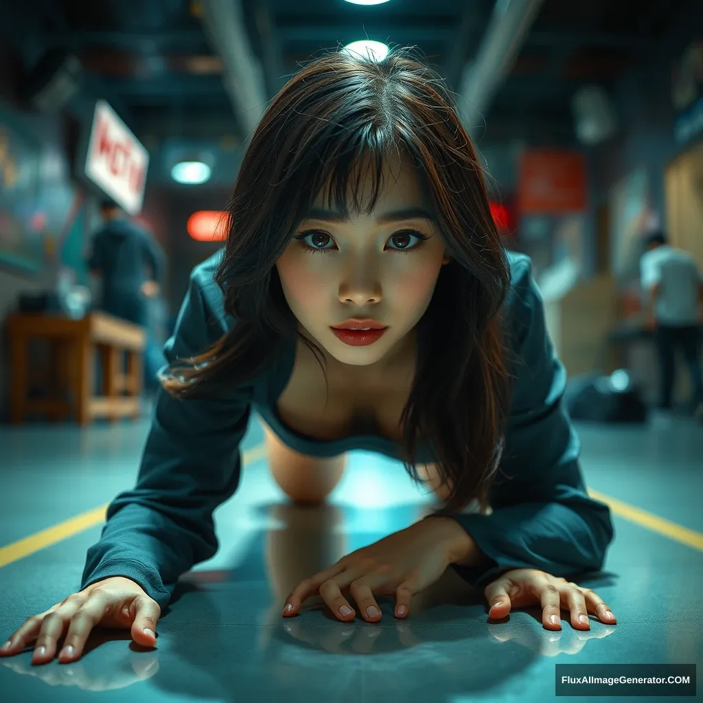 Asian supermodel posing in front of the camera, realistic art, full body, relaxed posture, digital, crawling on the floor, bright atmosphere, thriller movie style, photorealistic art, crawling pose, Instagram model, captivating details, front angle, realistic cartoon.