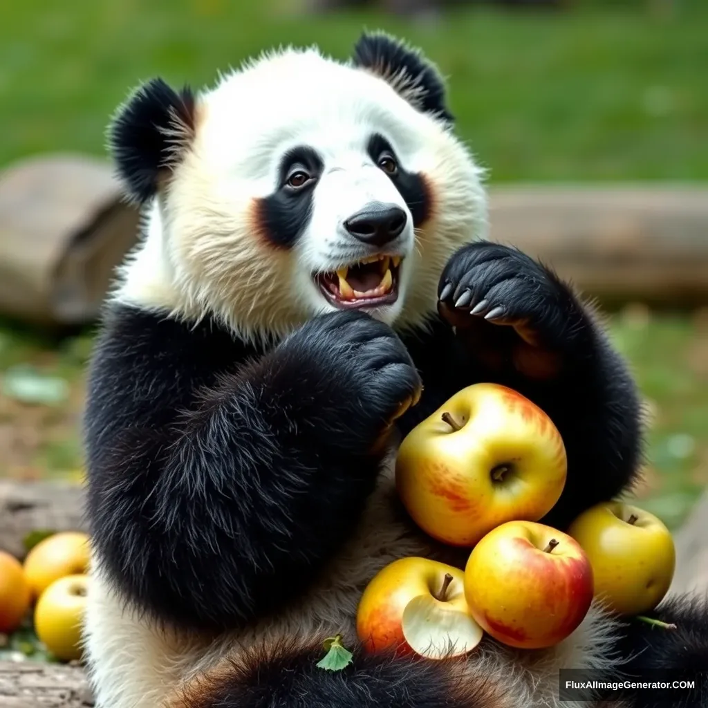 A panda is eating apples.