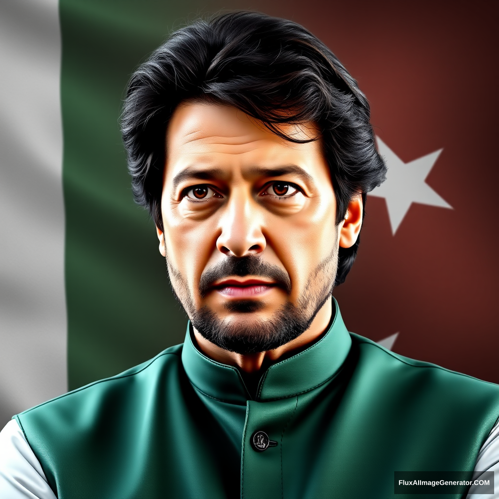 Can you create the real image of Imran Khan with the background of the Pakistani flag?