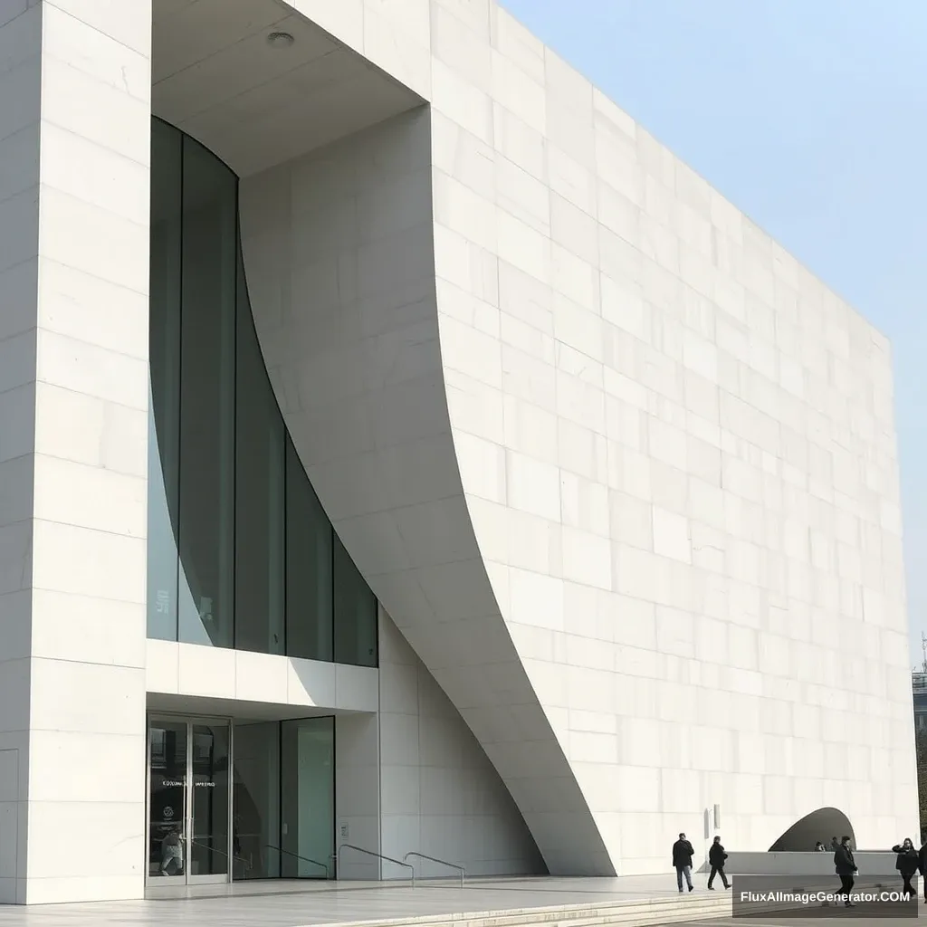 White stone, museum, one side of the facade is a full mirror, huge volume, beautiful object shape, Seoul, Cheongdam-dong.