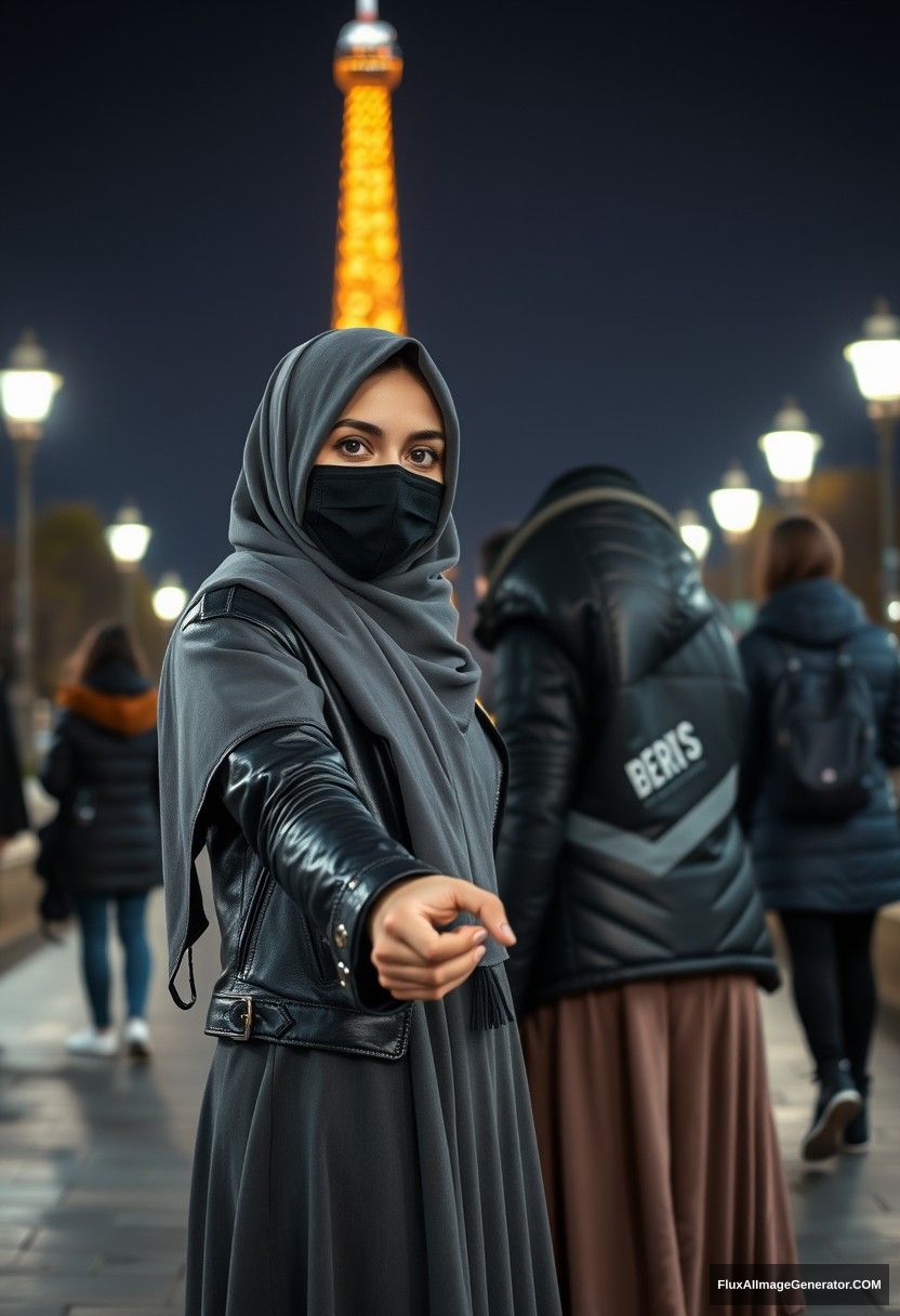 Biggest grey hijab Muslim girl, beautiful eyes, face mask black, leather jacket, biggest longest skirt, standing near Eiffel Tower, night scenery, strangers back, hyper-realistic, photorealistic, street photography, hold someone's hand from opposite. - Image